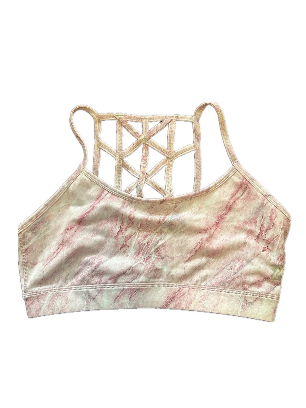 High-Neck Pink Marble Strappy Sports Bra
